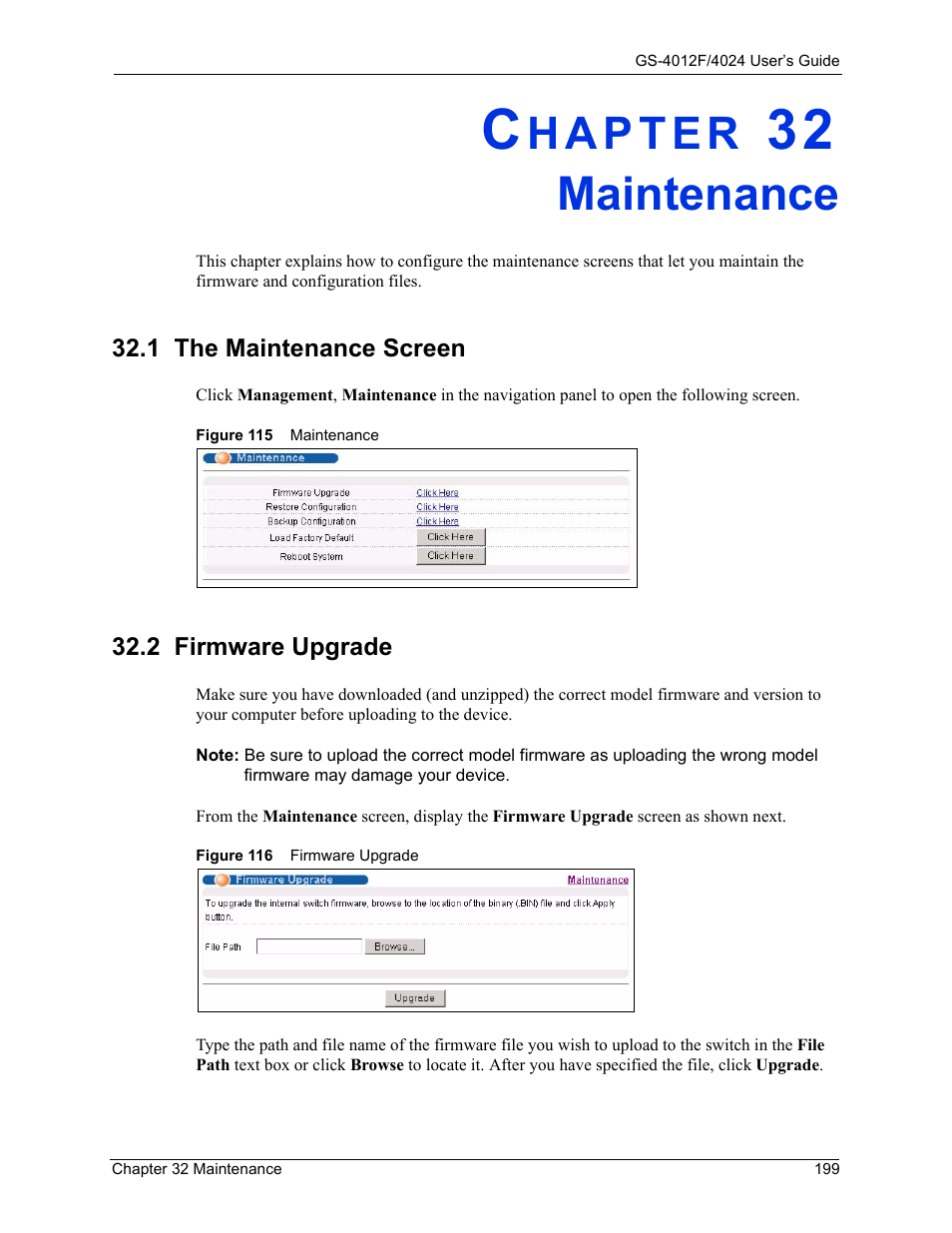 Maintenance, 1 the maintenance screen, 2 firmware upgrade | Chapter 32 maintenance, 1 the maintenance screen 32.2 firmware upgrade, Figure 115 maintenance figure 116 firmware upgrade | ZyXEL Communications ZyXEL Dimension GS-4012F User Manual | Page 200 / 327