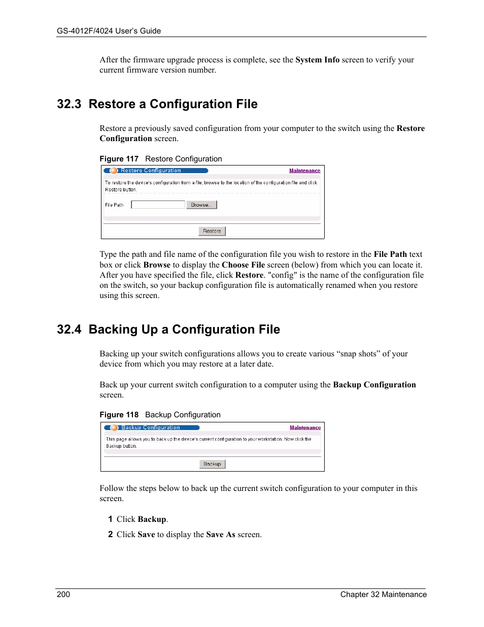 3 restore a configuration file, 4 backing up a configuration file | ZyXEL Communications ZyXEL Dimension GS-4012F User Manual | Page 201 / 327