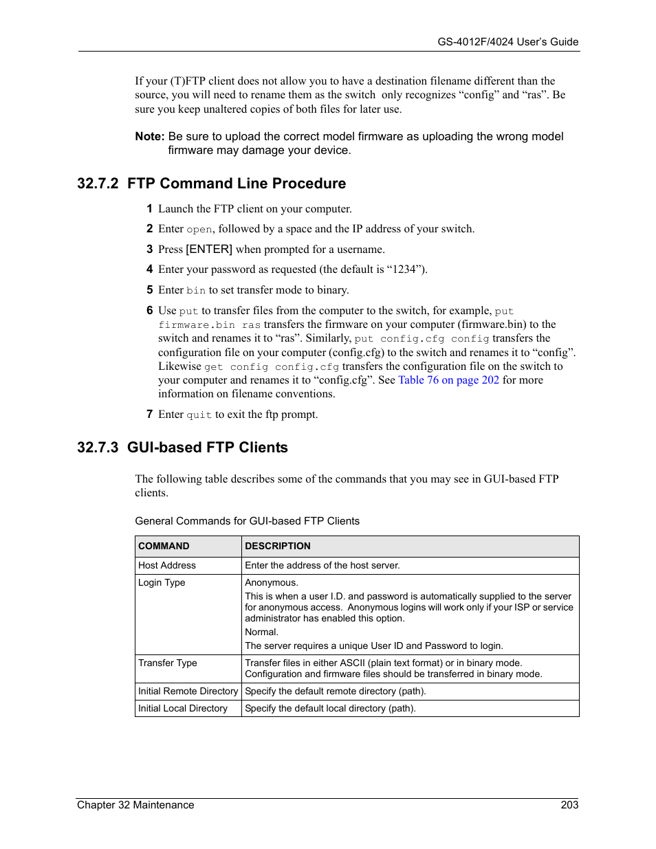 2 ftp command line procedure, 3 gui-based ftp clients | ZyXEL Communications ZyXEL Dimension GS-4012F User Manual | Page 204 / 327