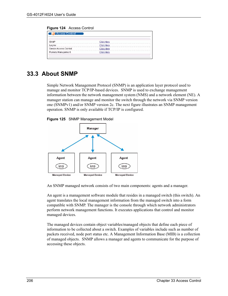 3 about snmp, Figure 124 access control, Figure 125 snmp management model | ZyXEL Communications ZyXEL Dimension GS-4012F User Manual | Page 207 / 327