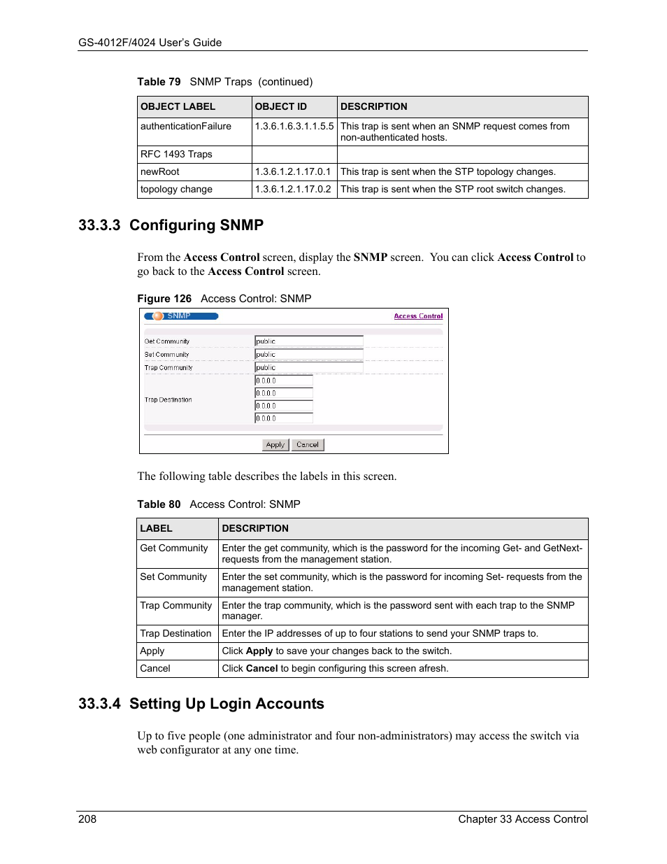 3 configuring snmp, 4 setting up login accounts, Figure 126 access control: snmp | Table 80 access control: snmp | ZyXEL Communications ZyXEL Dimension GS-4012F User Manual | Page 209 / 327