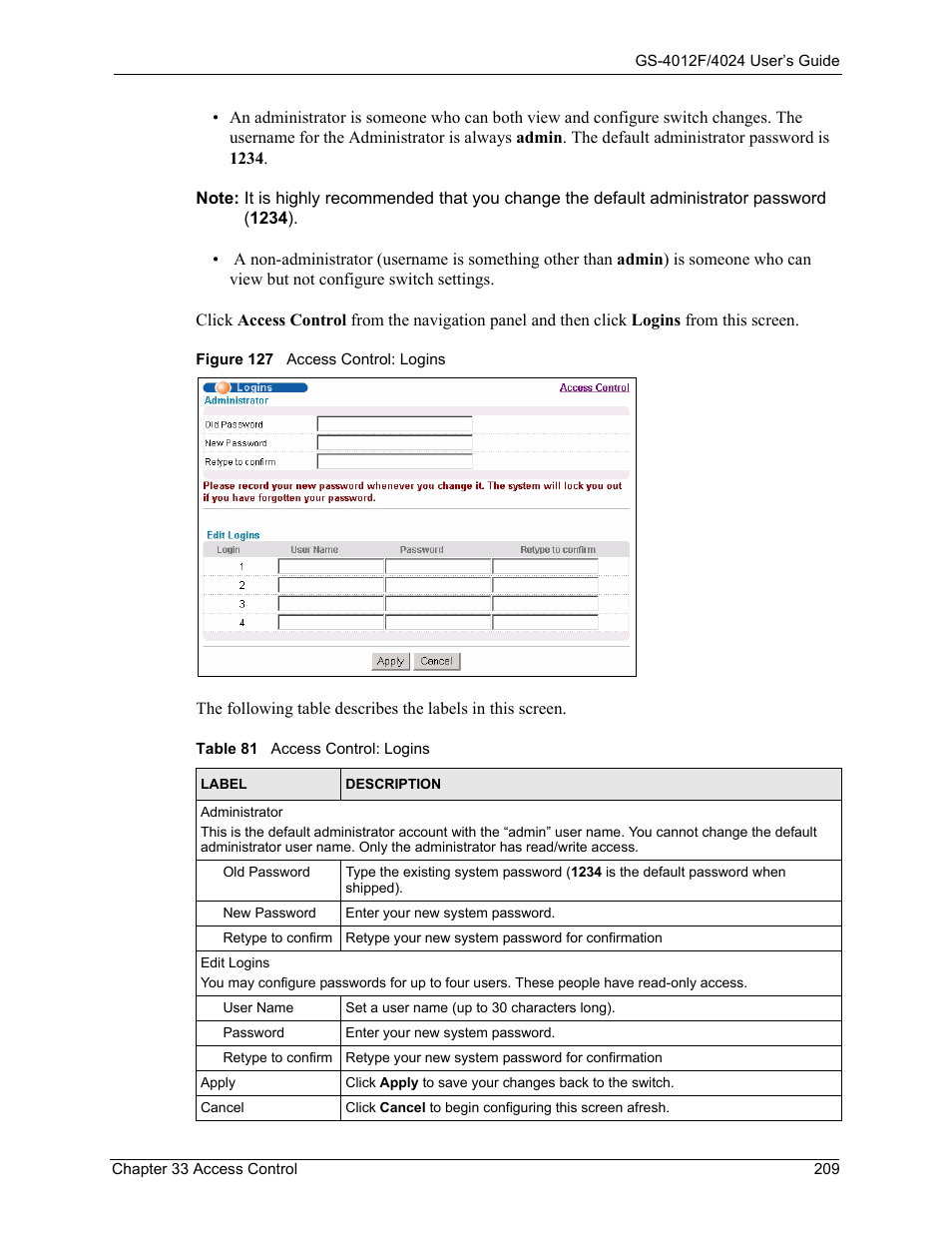 Figure 127 access control: logins, Table 81 access control: logins | ZyXEL Communications ZyXEL Dimension GS-4012F User Manual | Page 210 / 327
