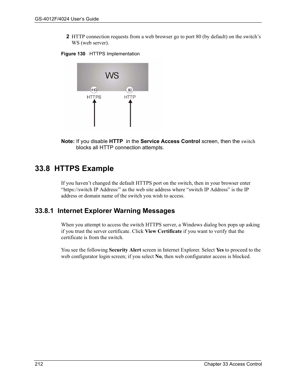 8 https example, 1 internet explorer warning messages, Figure 130 https implementation | ZyXEL Communications ZyXEL Dimension GS-4012F User Manual | Page 213 / 327