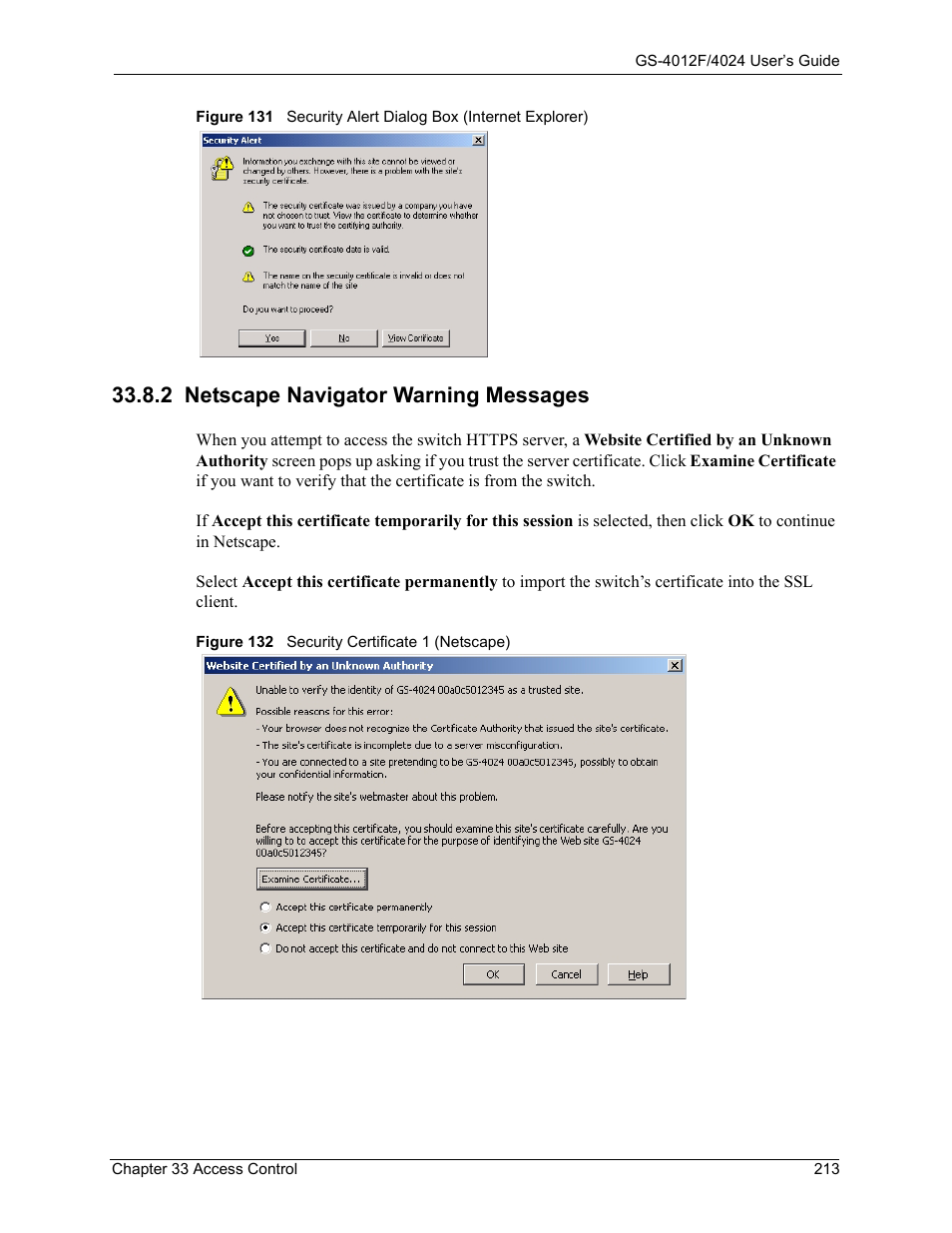 2 netscape navigator warning messages | ZyXEL Communications ZyXEL Dimension GS-4012F User Manual | Page 214 / 327