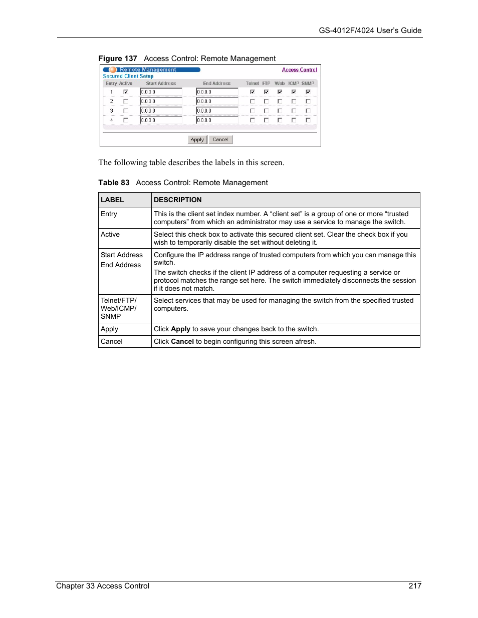 Figure 137 access control: remote management, Table 83 access control: remote management | ZyXEL Communications ZyXEL Dimension GS-4012F User Manual | Page 218 / 327