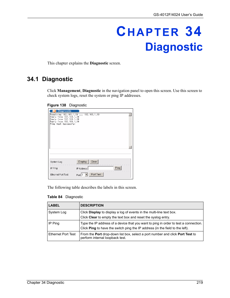 Diagnostic, 1 diagnostic, Chapter 34 diagnostic | Figure 138 diagnostic, Table 84 diagnostic | ZyXEL Communications ZyXEL Dimension GS-4012F User Manual | Page 220 / 327