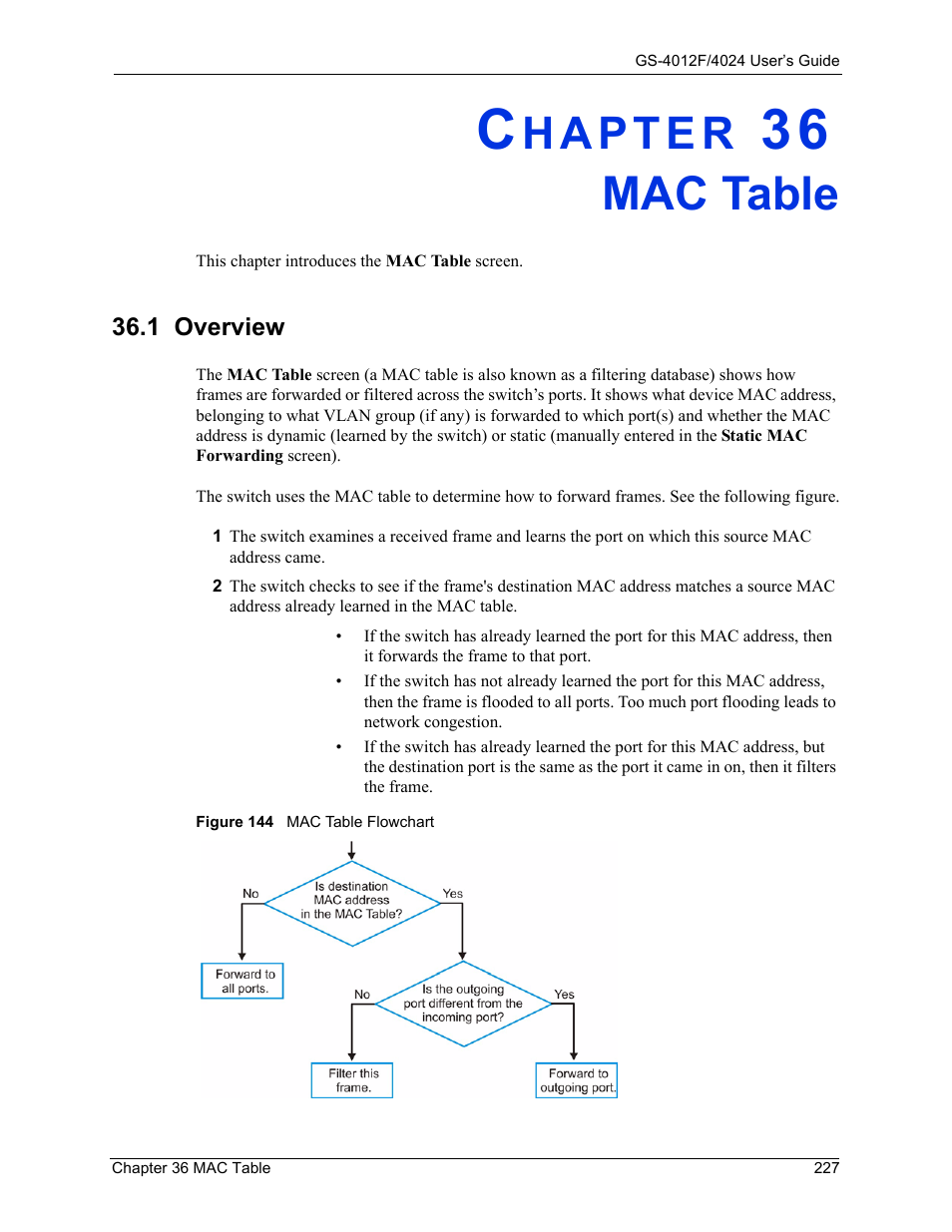 Mac table, 1 overview, Chapter 36 mac table | Figure 144 mac table flowchart | ZyXEL Communications ZyXEL Dimension GS-4012F User Manual | Page 228 / 327