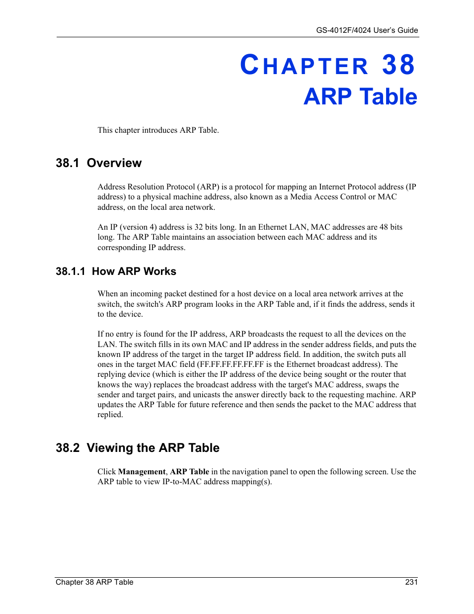 Arp table, 1 overview, 1 how arp works | 2 viewing the arp table, Chapter 38 arp table | ZyXEL Communications ZyXEL Dimension GS-4012F User Manual | Page 232 / 327