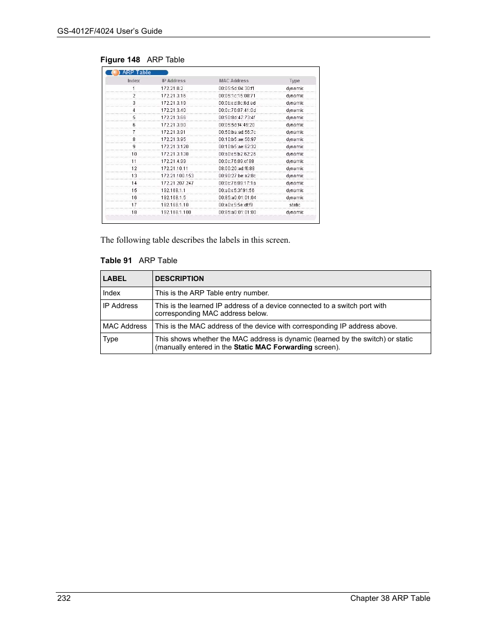 Figure 148 arp table, Table 91 arp table | ZyXEL Communications ZyXEL Dimension GS-4012F User Manual | Page 233 / 327