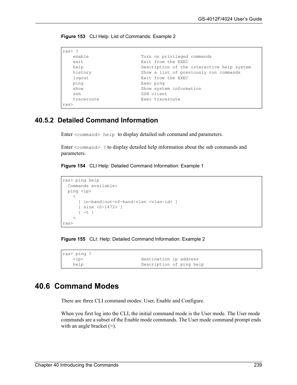 2 detailed command information, 6 command modes | ZyXEL Communications ZyXEL Dimension GS-4012F User Manual | Page 240 / 327