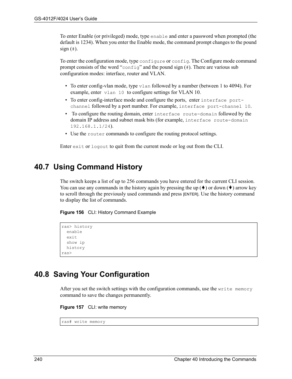 7 using command history, 8 saving your configuration | ZyXEL Communications ZyXEL Dimension GS-4012F User Manual | Page 241 / 327