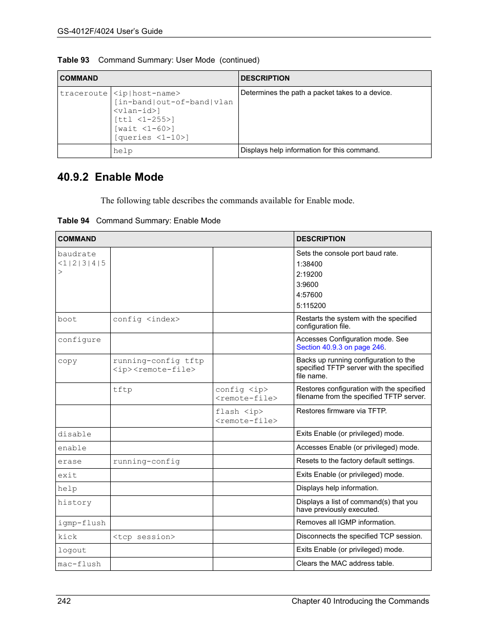 2 enable mode, Table 94 command summary: enable mode | ZyXEL Communications ZyXEL Dimension GS-4012F User Manual | Page 243 / 327