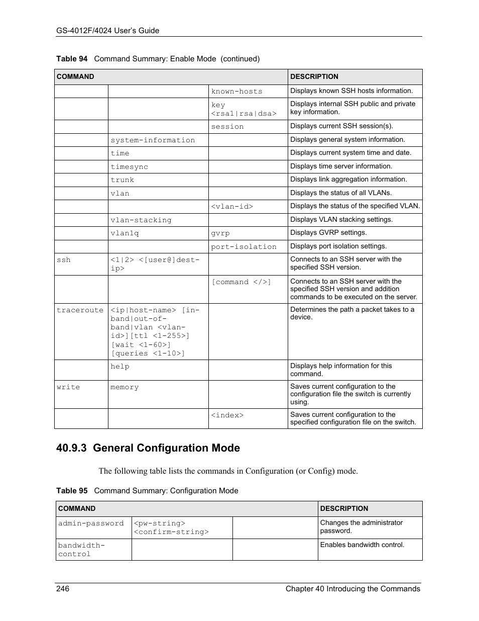 3 general configuration mode, Table 95 command summary: configuration mode | ZyXEL Communications ZyXEL Dimension GS-4012F User Manual | Page 247 / 327