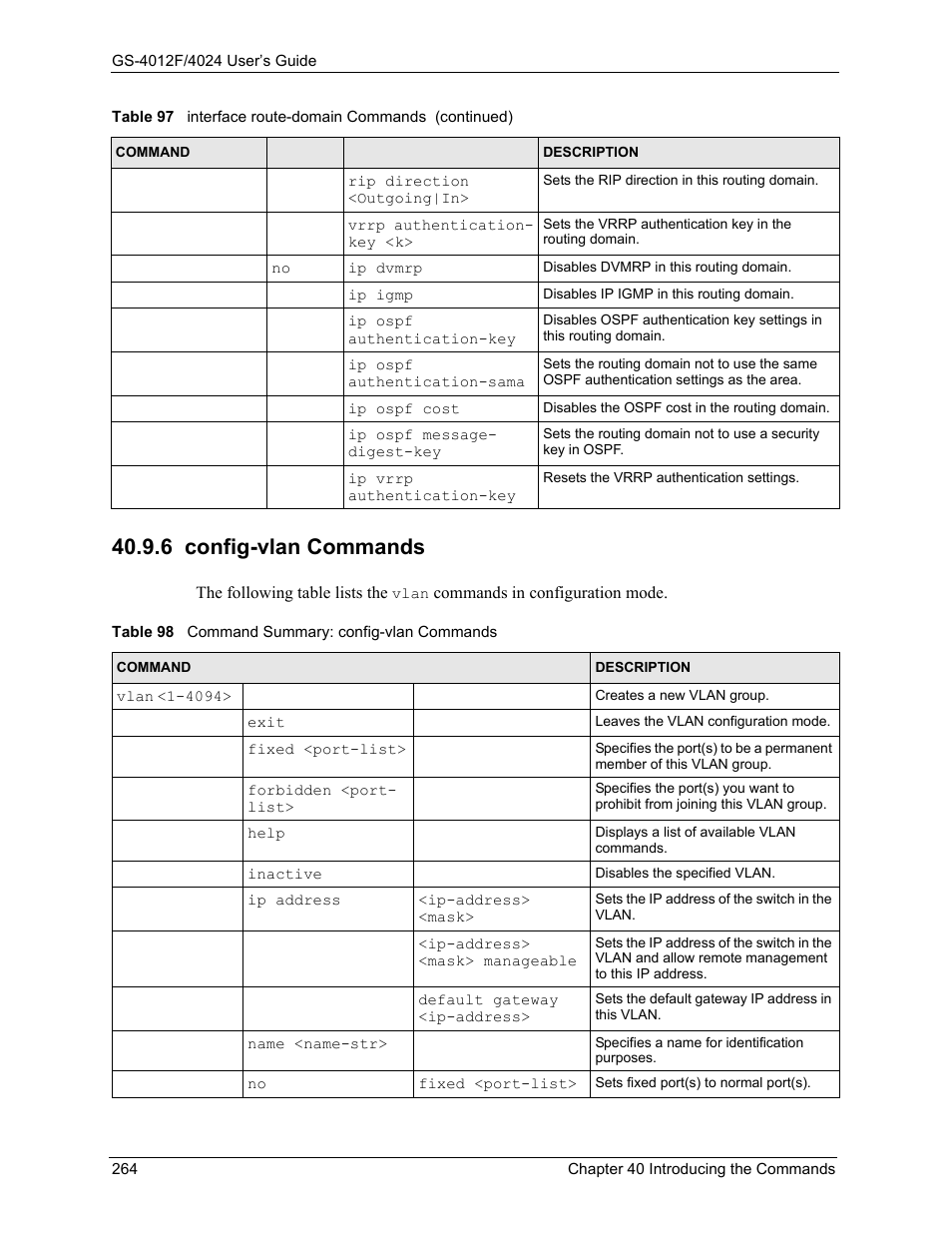 6 config-vlan commands, Table 98 command summary: config-vlan commands | ZyXEL Communications ZyXEL Dimension GS-4012F User Manual | Page 265 / 327