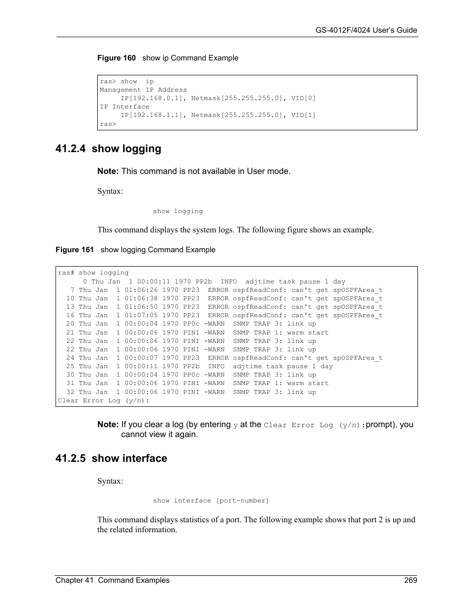 4 show logging, 5 show interface, 4 show logging 41.2.5 show interface | ZyXEL Communications ZyXEL Dimension GS-4012F User Manual | Page 270 / 327