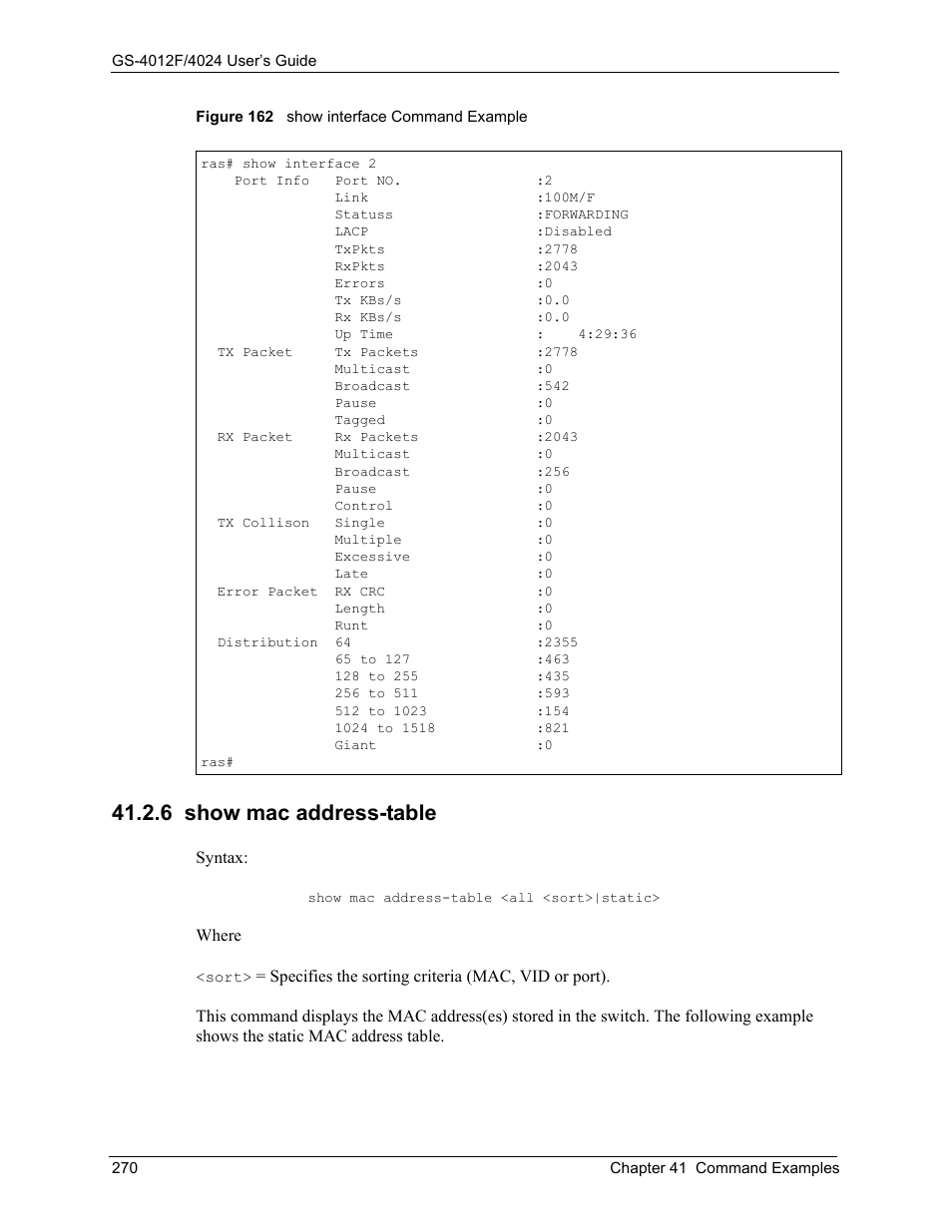 6 show mac address-table, Figure 162 show interface command example | ZyXEL Communications ZyXEL Dimension GS-4012F User Manual | Page 271 / 327