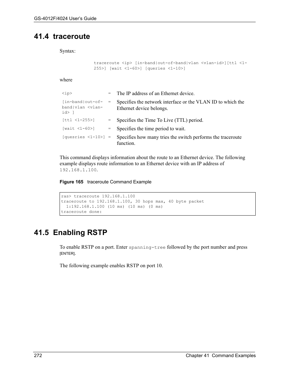 4 traceroute, 5 enabling rstp, 4 traceroute 41.5 enabling rstp | Figure 165 traceroute command example | ZyXEL Communications ZyXEL Dimension GS-4012F User Manual | Page 273 / 327