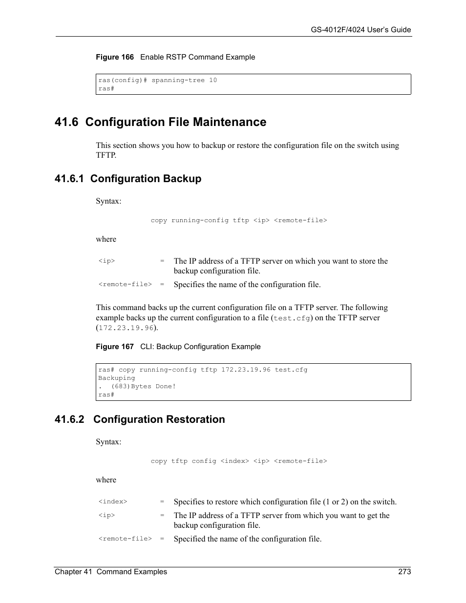6 configuration file maintenance, 1 configuration backup, 2 configuration restoration | ZyXEL Communications ZyXEL Dimension GS-4012F User Manual | Page 274 / 327