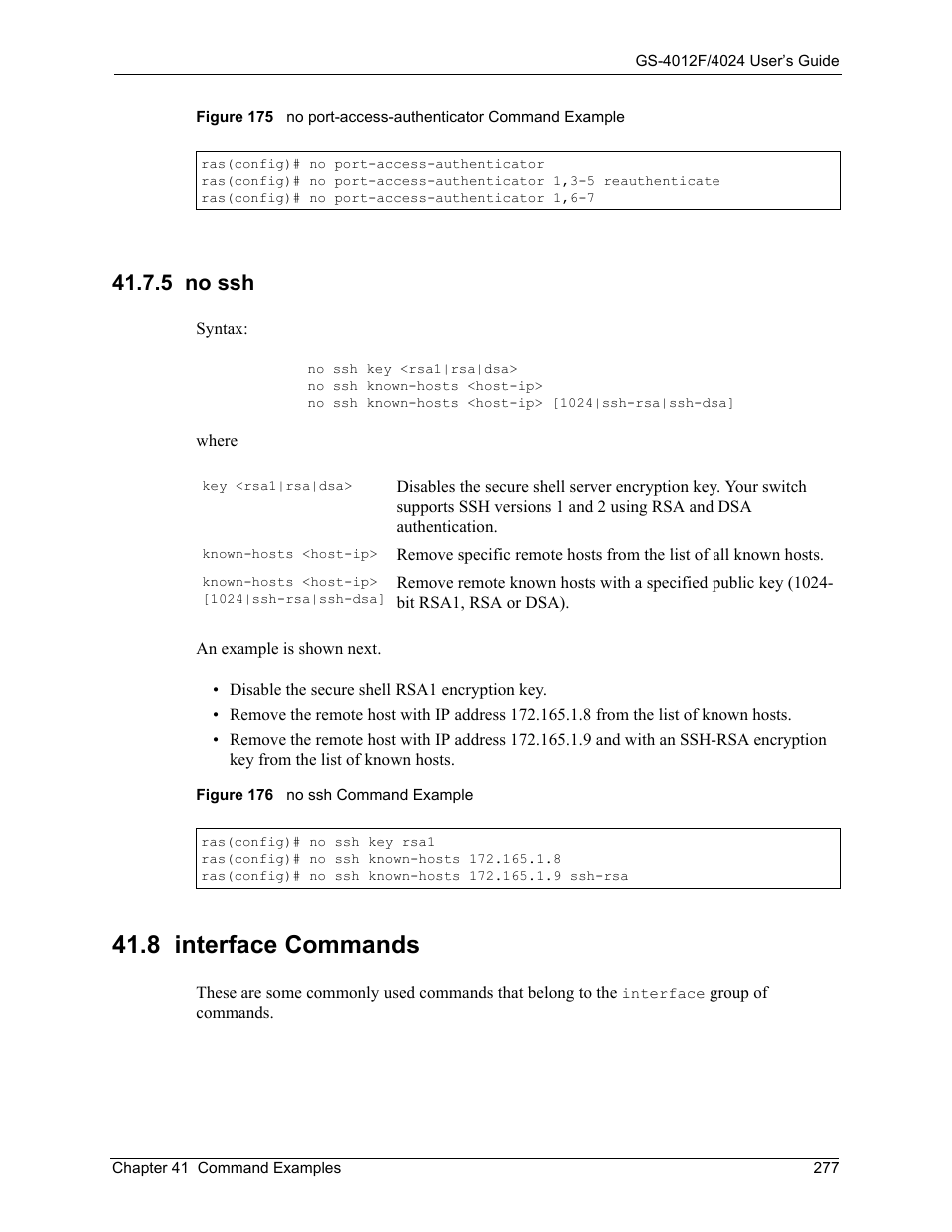 5 no ssh, 8 interface commands | ZyXEL Communications ZyXEL Dimension GS-4012F User Manual | Page 278 / 327