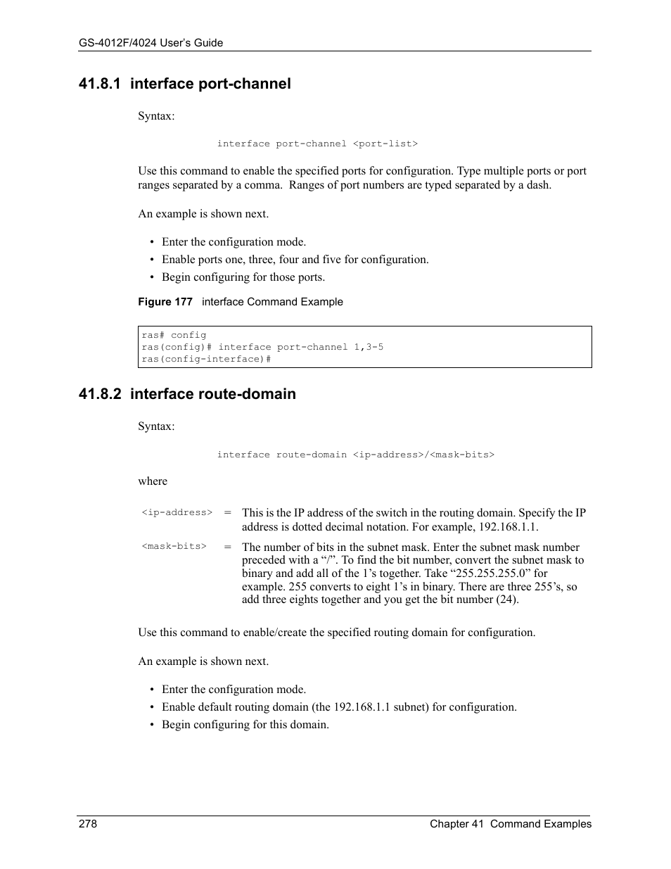 1 interface port-channel, 2 interface route-domain, Figure 177 interface command example | ZyXEL Communications ZyXEL Dimension GS-4012F User Manual | Page 279 / 327