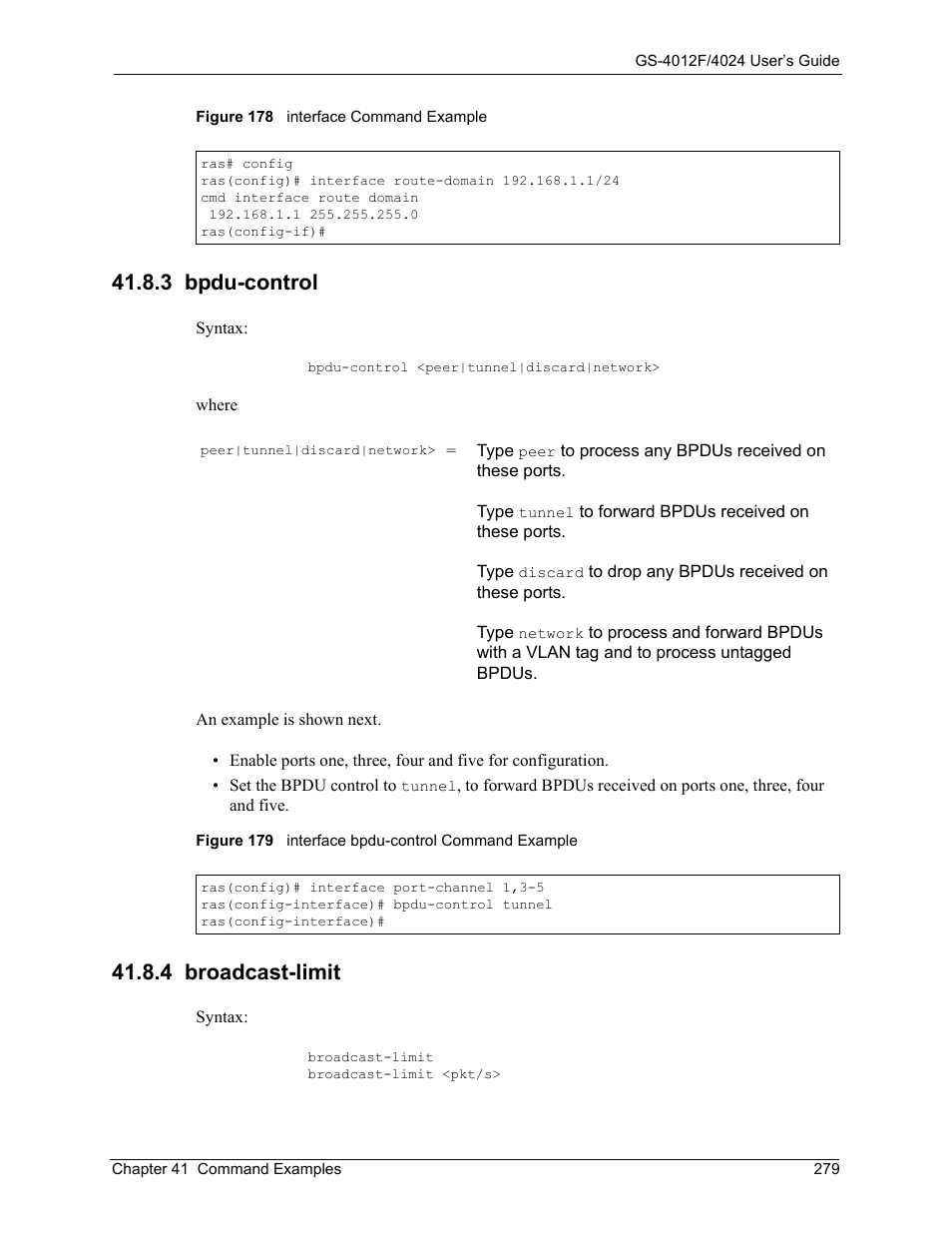 3 bpdu-control, 4 broadcast-limit, 3 bpdu-control 41.8.4 broadcast-limit | ZyXEL Communications ZyXEL Dimension GS-4012F User Manual | Page 280 / 327