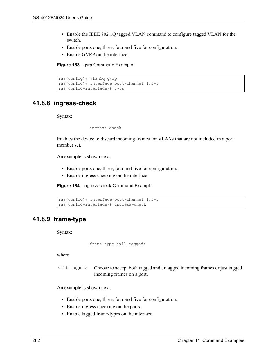 8 ingress-check, 9 frame-type, 8 ingress-check 41.8.9 frame-type | ZyXEL Communications ZyXEL Dimension GS-4012F User Manual | Page 283 / 327