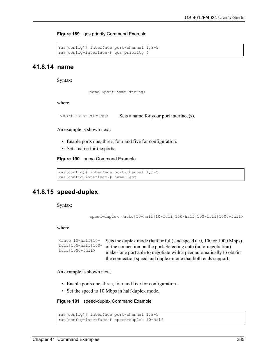 14 name, 15 speed-duplex, 14 name 41.8.15 speed-duplex | ZyXEL Communications ZyXEL Dimension GS-4012F User Manual | Page 286 / 327