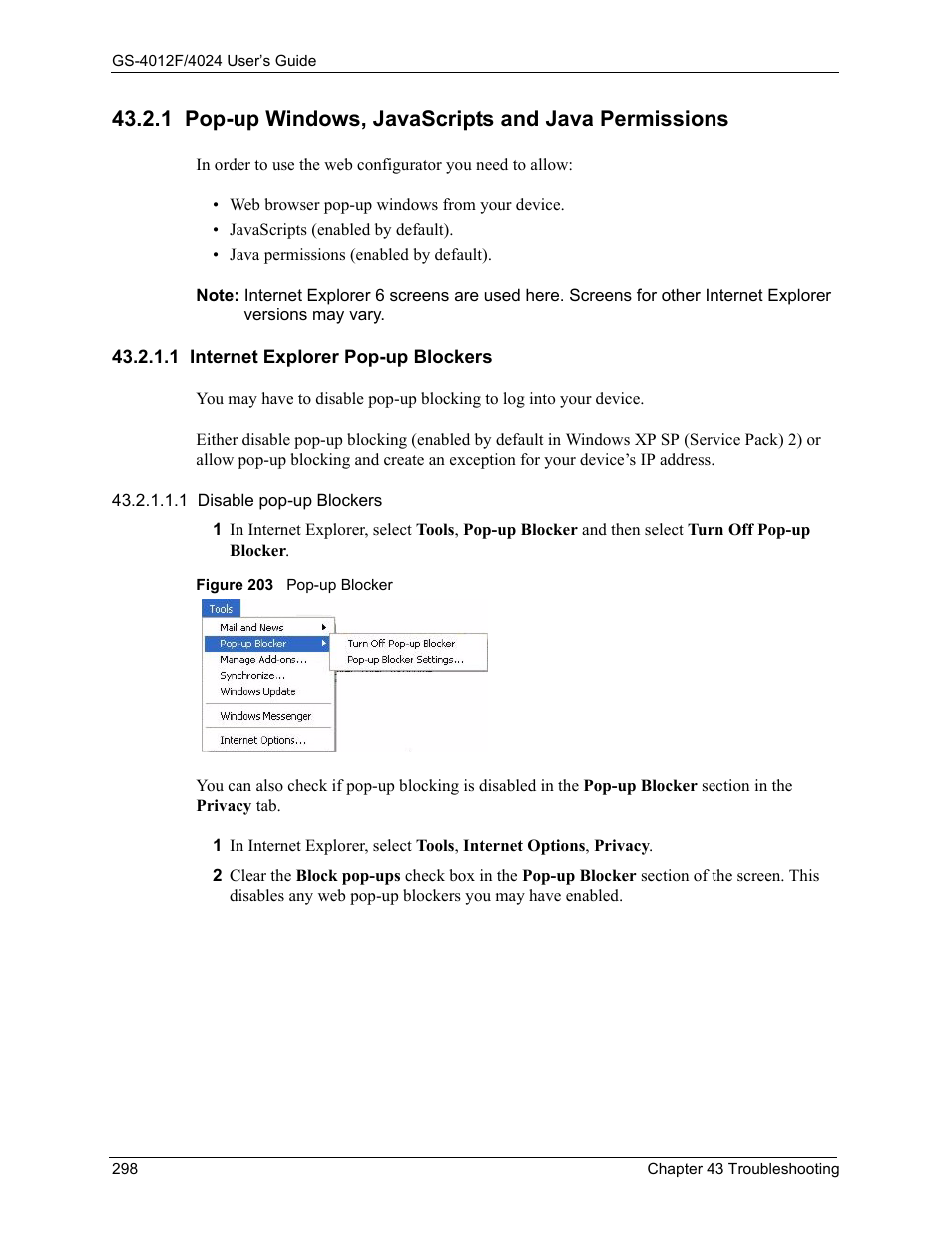 1 pop-up windows, javascripts and java permissions, 1 internet explorer pop-up blockers, Figure 203 pop-up blocker | ZyXEL Communications ZyXEL Dimension GS-4012F User Manual | Page 299 / 327