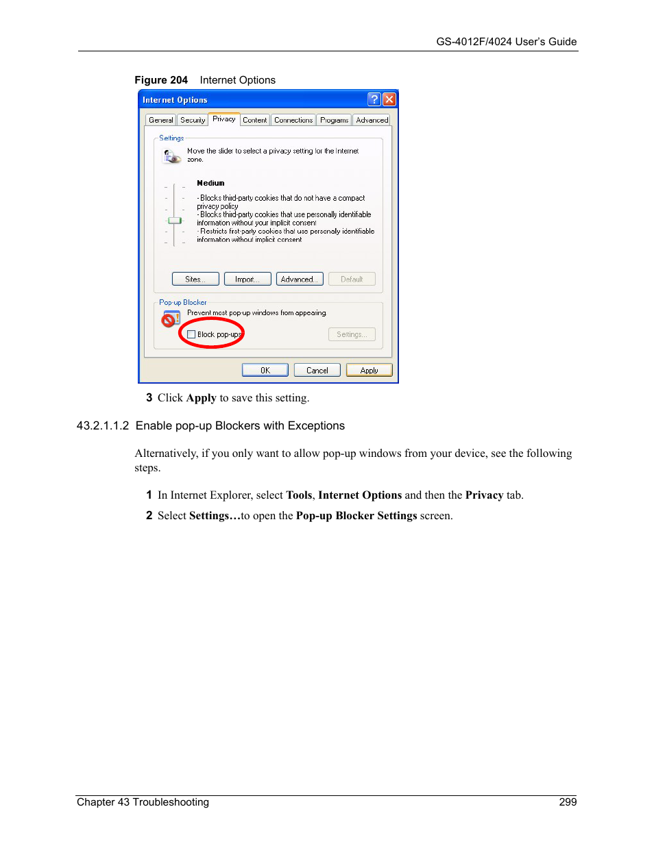 Figure 204 internet options | ZyXEL Communications ZyXEL Dimension GS-4012F User Manual | Page 300 / 327
