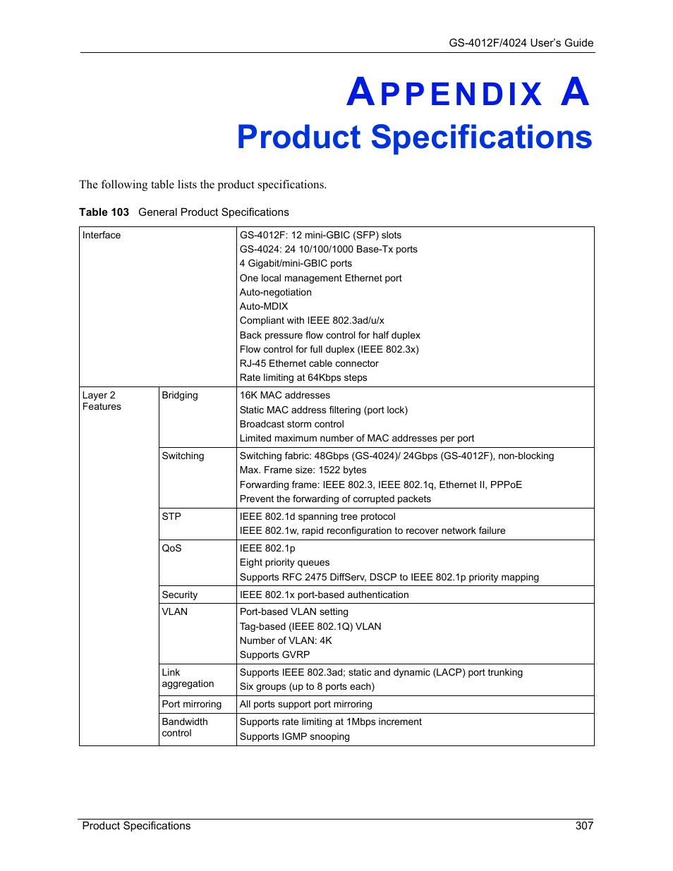 Product specifications, Appendix a product specifications, Table 103 general product specifications | ZyXEL Communications ZyXEL Dimension GS-4012F User Manual | Page 308 / 327