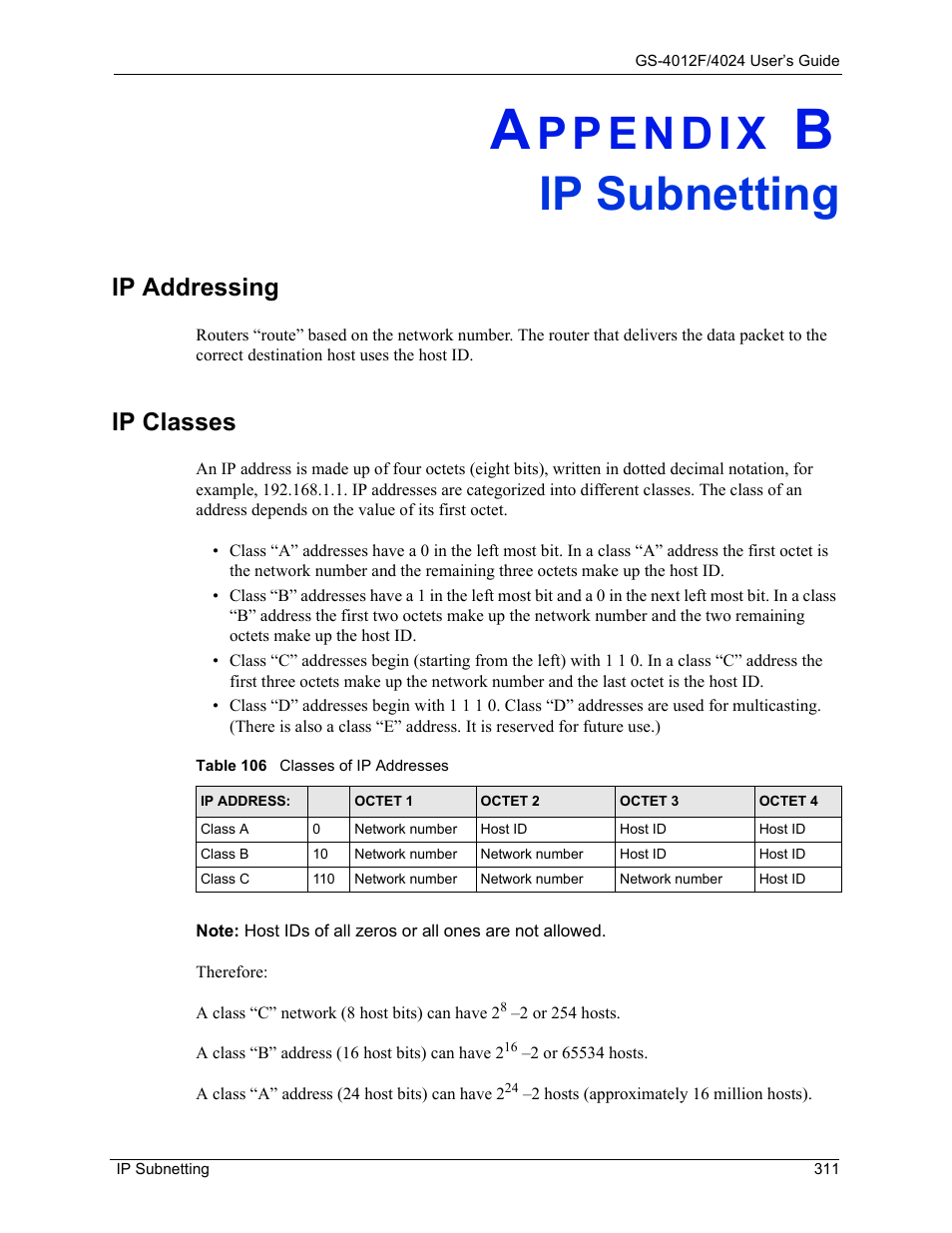 Ip subnetting, Appendix b ip subnetting, Table 106 classes of ip addresses | Ip addressing, Ip classes | ZyXEL Communications ZyXEL Dimension GS-4012F User Manual | Page 312 / 327