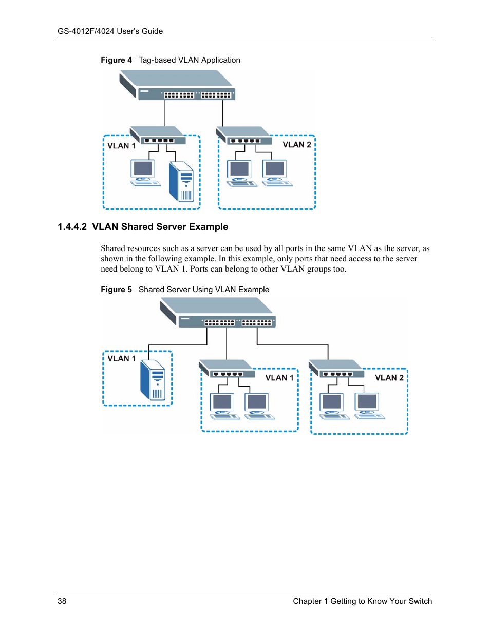 2 vlan shared server example | ZyXEL Communications ZyXEL Dimension GS-4012F User Manual | Page 39 / 327