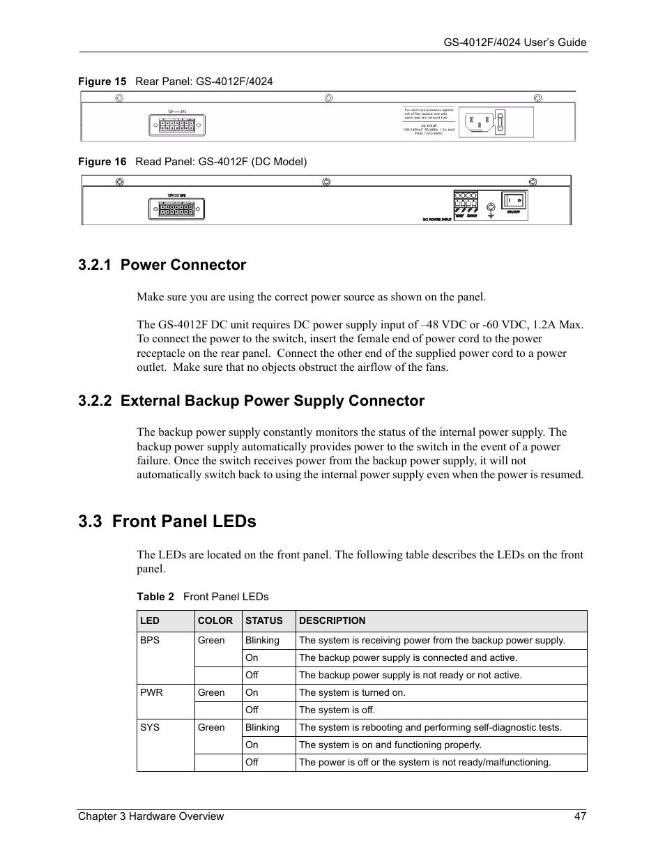 1 power connector, 2 external backup power supply connector, 3 front panel leds | Table 2 front panel leds | ZyXEL Communications ZyXEL Dimension GS-4012F User Manual | Page 48 / 327