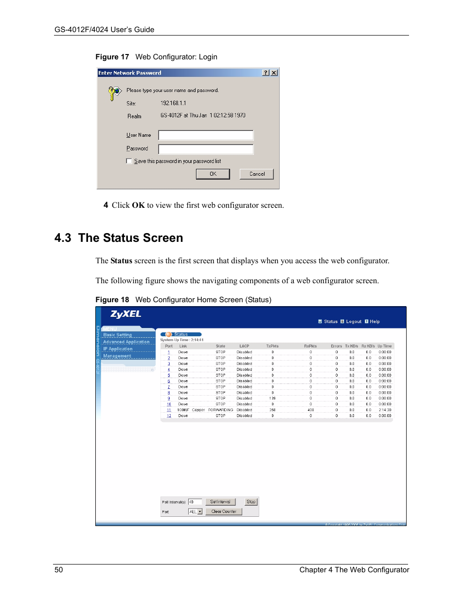 3 the status screen | ZyXEL Communications ZyXEL Dimension GS-4012F User Manual | Page 51 / 327