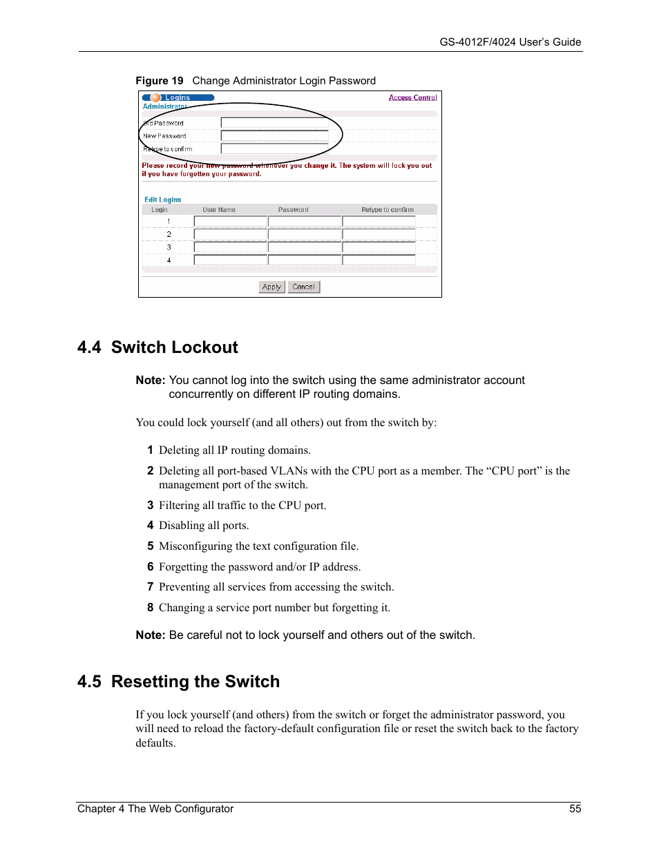 4 switch lockout, 5 resetting the switch, 4 switch lockout 4.5 resetting the switch | Figure 19 change administrator login password | ZyXEL Communications ZyXEL Dimension GS-4012F User Manual | Page 56 / 327