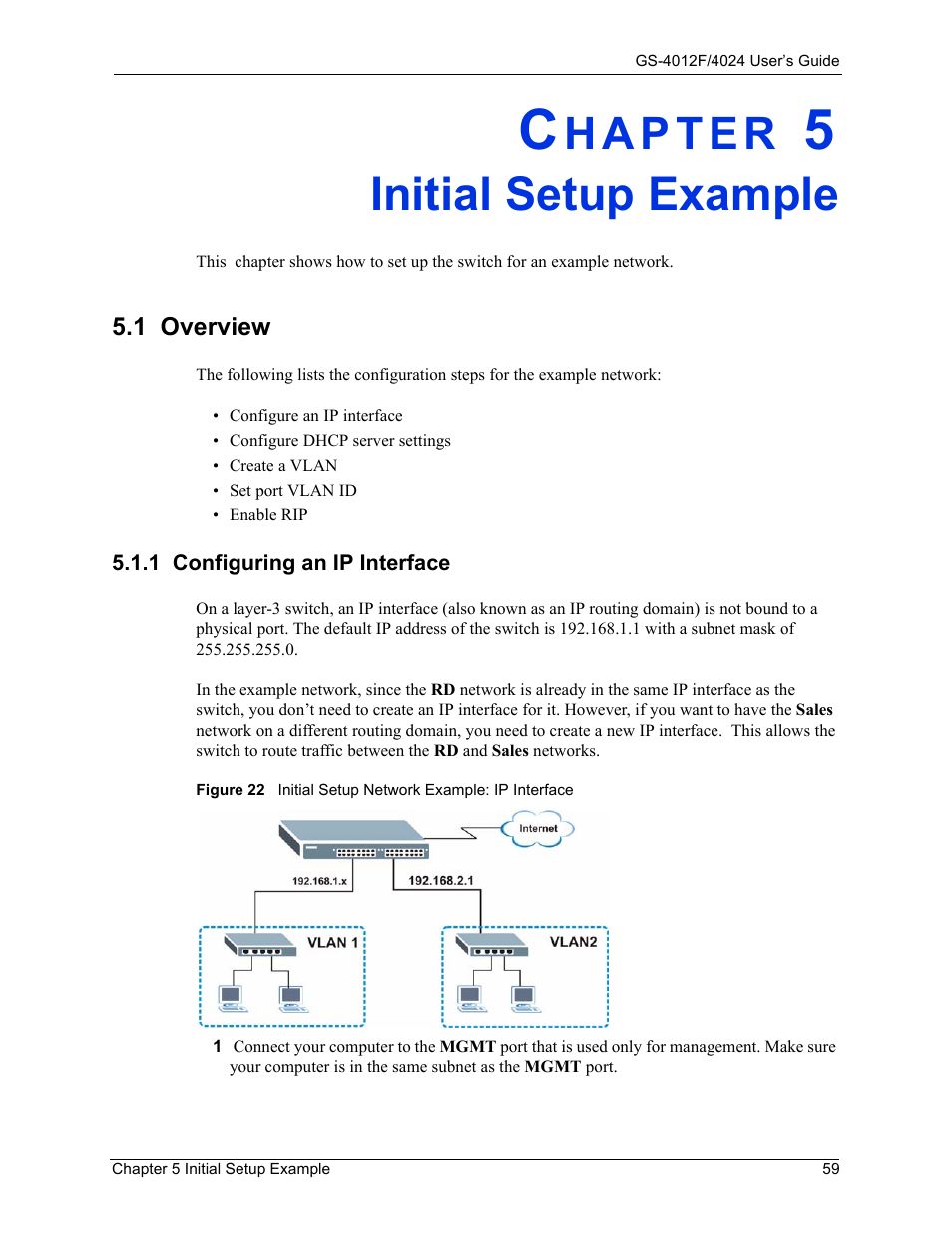 Initial setup example, 1 overview, 1 configuring an ip interface | Chapter 5 initial setup example | ZyXEL Communications ZyXEL Dimension GS-4012F User Manual | Page 60 / 327