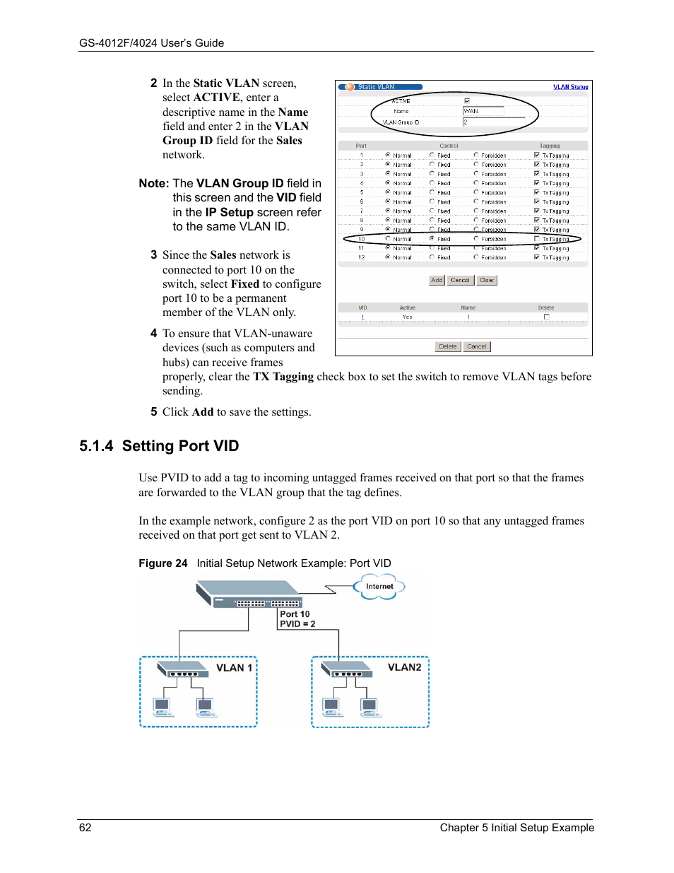 4 setting port vid, Figure 24 initial setup network example: port vid | ZyXEL Communications ZyXEL Dimension GS-4012F User Manual | Page 63 / 327