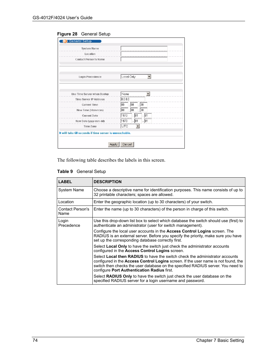 Figure 28 general setup, Table 9 general setup | ZyXEL Communications ZyXEL Dimension GS-4012F User Manual | Page 75 / 327