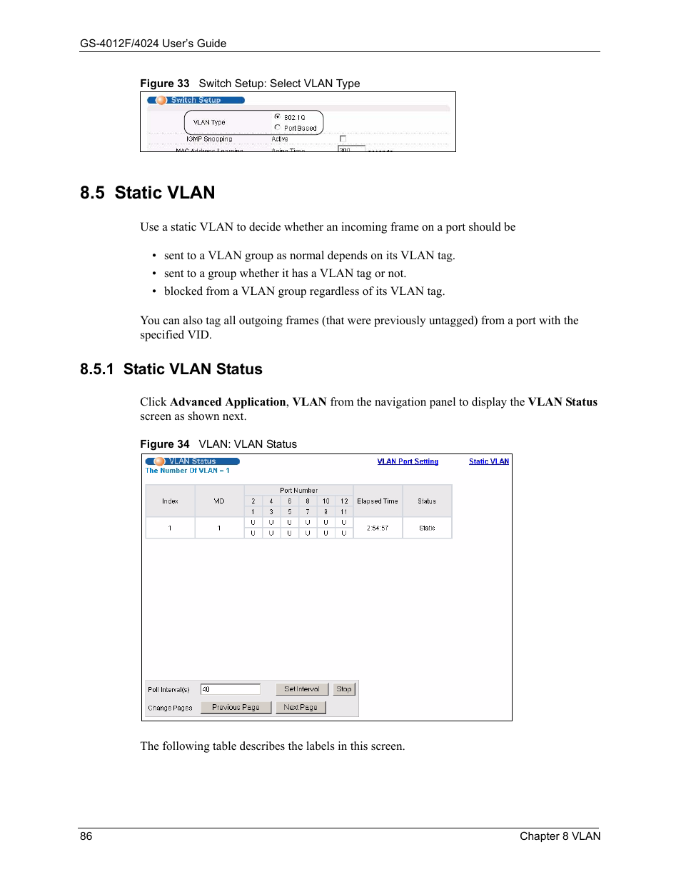 5 static vlan, 1 static vlan status | ZyXEL Communications ZyXEL Dimension GS-4012F User Manual | Page 87 / 327