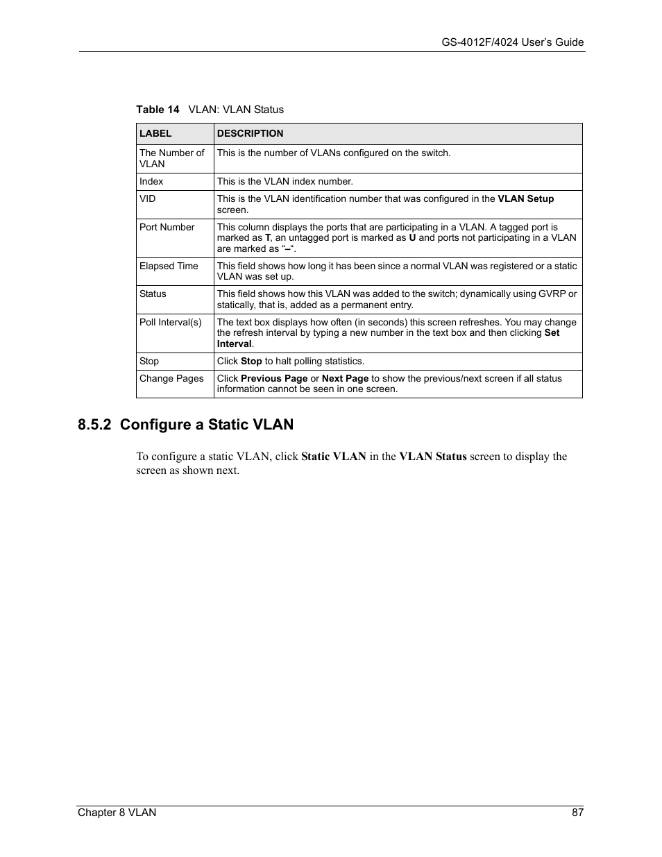 2 configure a static vlan, Table 14 vlan: vlan status | ZyXEL Communications ZyXEL Dimension GS-4012F User Manual | Page 88 / 327