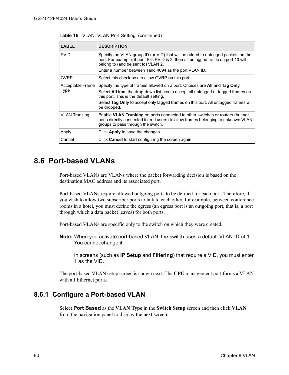 6 port-based vlans, 1 configure a port-based vlan | ZyXEL Communications ZyXEL Dimension GS-4012F User Manual | Page 91 / 327