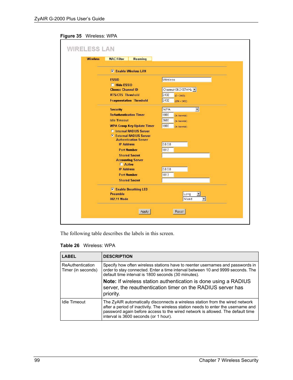Figure 35 wireless: wpa, Table 26 wireless: wpa | ZyXEL Communications G-2000 Plus User Manual | Page 100 / 430