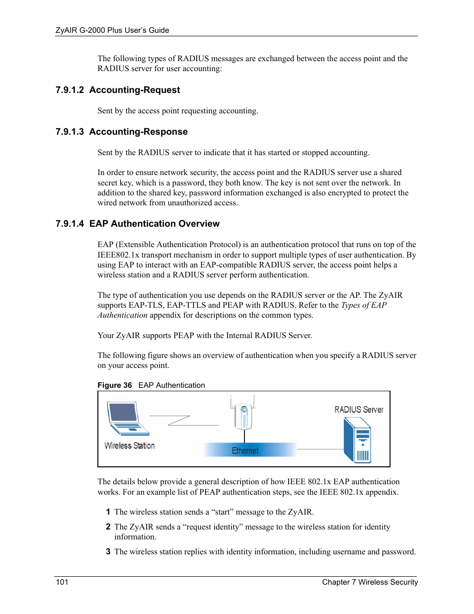 2 accounting-request, 3 accounting-response, 4 eap authentication overview | Figure 36 eap authentication | ZyXEL Communications G-2000 Plus User Manual | Page 102 / 430