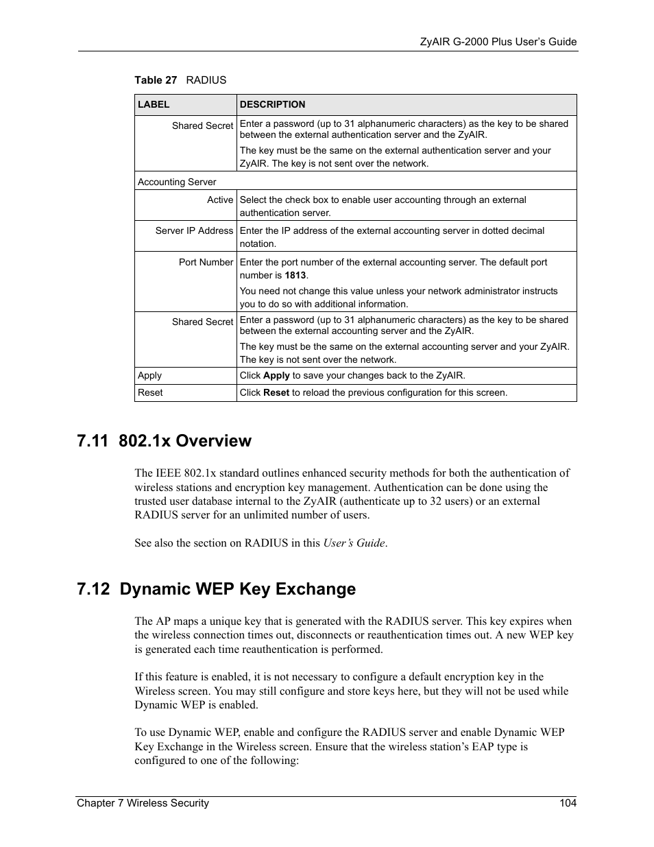 11 802.1x overview, 12 dynamic wep key exchange, 11 802.1x overview 7.12 dynamic wep key exchange | ZyXEL Communications G-2000 Plus User Manual | Page 105 / 430