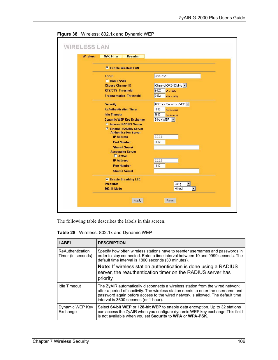 Figure 38 wireless: 802.1x and dynamic wep, Table 28 wireless: 802.1x and dynamic wep | ZyXEL Communications G-2000 Plus User Manual | Page 107 / 430