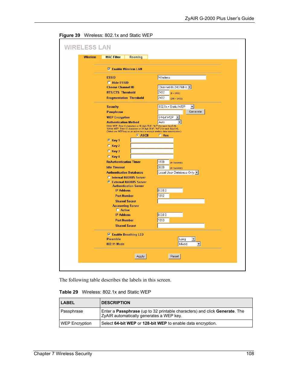 Figure 39 wireless: 802.1x and static wep, Table 29 wireless: 802.1x and static wep | ZyXEL Communications G-2000 Plus User Manual | Page 109 / 430