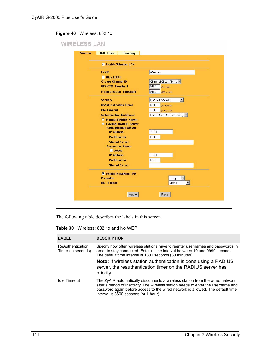 Figure 40 wireless: 802.1x, Table 30 wireless: 802.1x and no wep | ZyXEL Communications G-2000 Plus User Manual | Page 112 / 430