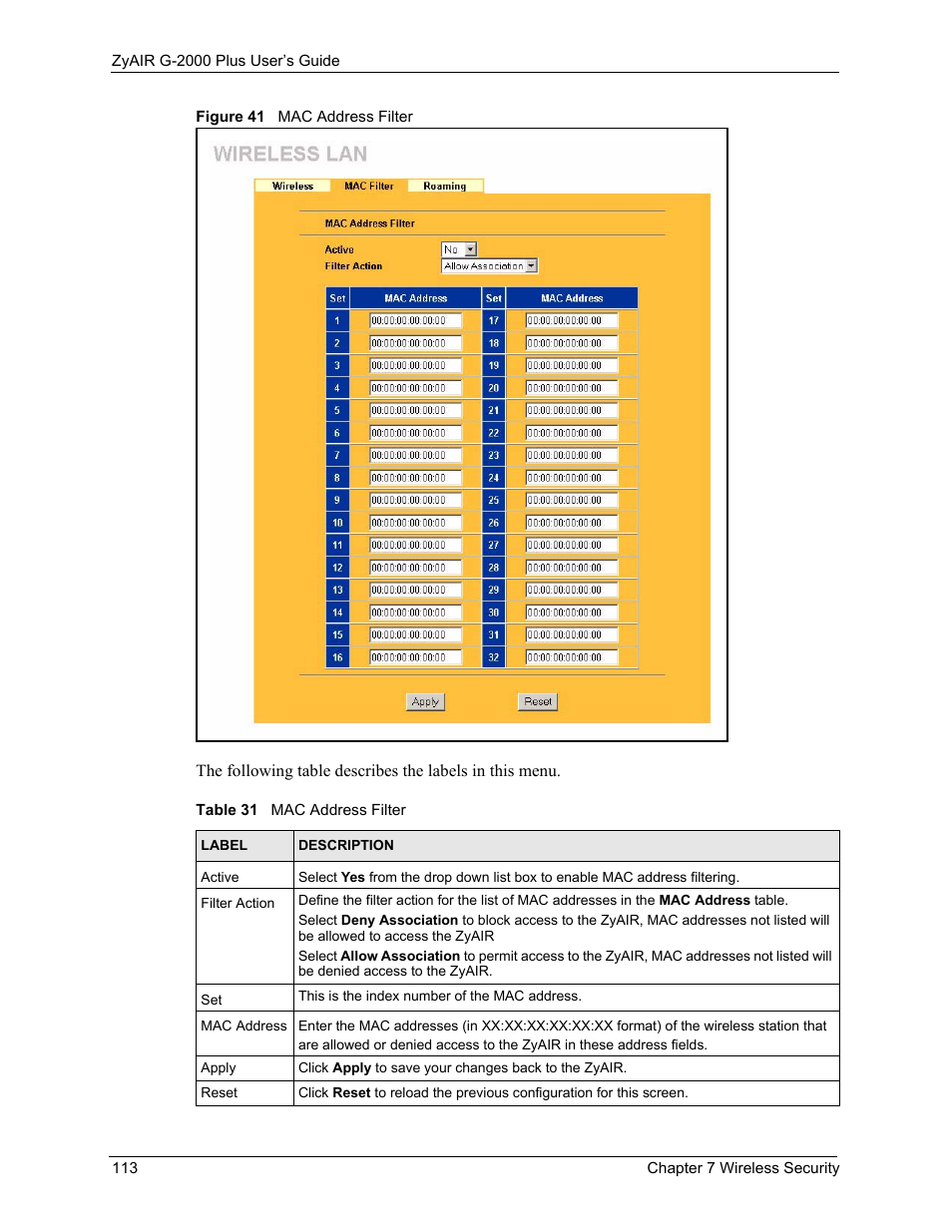 Figure 41 mac address filter, Table 31 mac address filter | ZyXEL Communications G-2000 Plus User Manual | Page 114 / 430