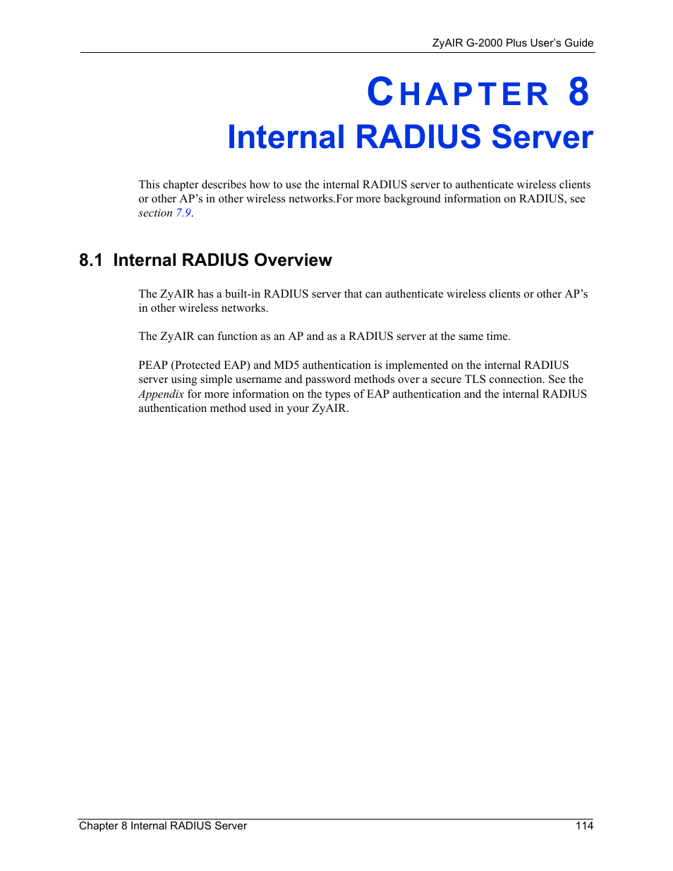 Internal radius server, 1 internal radius overview, Chapter 8 internal radius server | Se. see, Internal radius server” on | ZyXEL Communications G-2000 Plus User Manual | Page 115 / 430