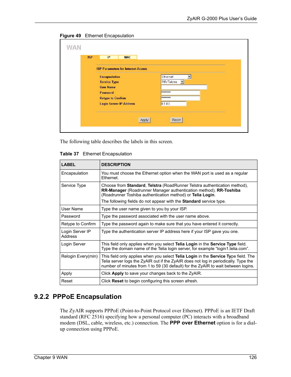 2 pppoe encapsulation, Figure 49 ethernet encapsulation, Table 37 ethernet encapsulation | ZyXEL Communications G-2000 Plus User Manual | Page 127 / 430